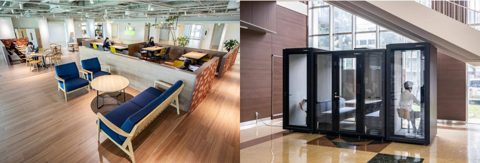 左：広島工業大学の開放的ラウンジ、右：筑波大学の個室ブース